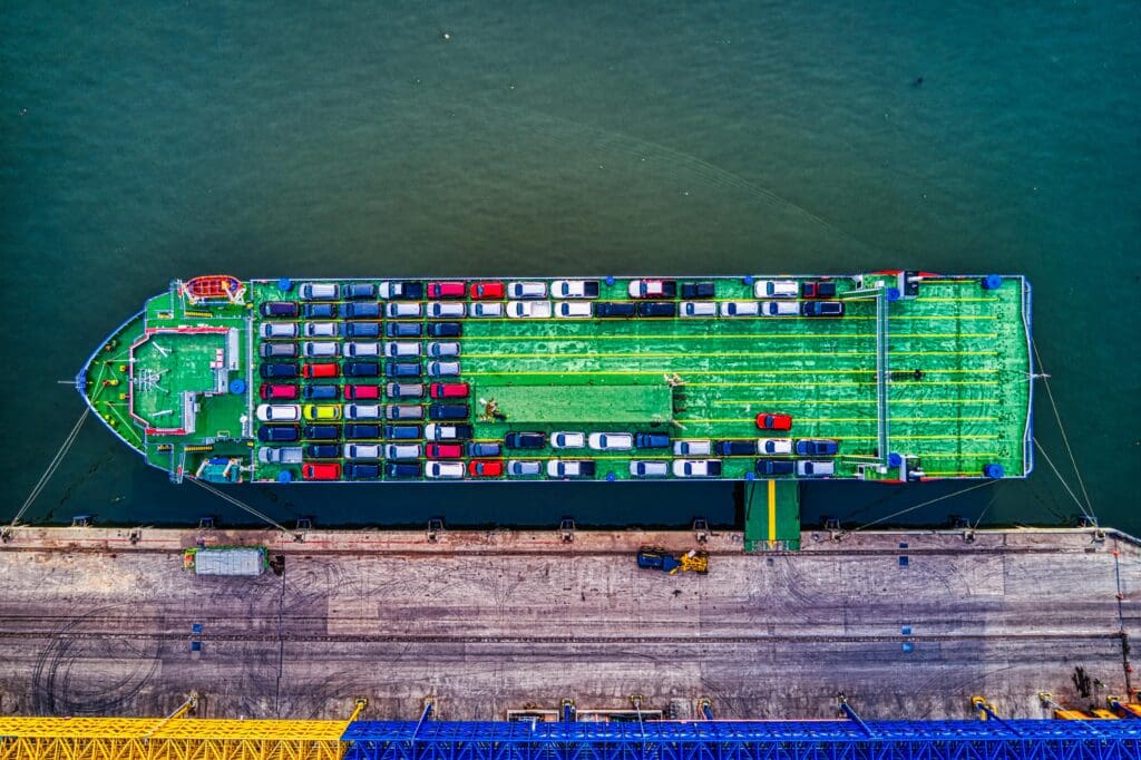 Cars being loaded on a Cargo ship